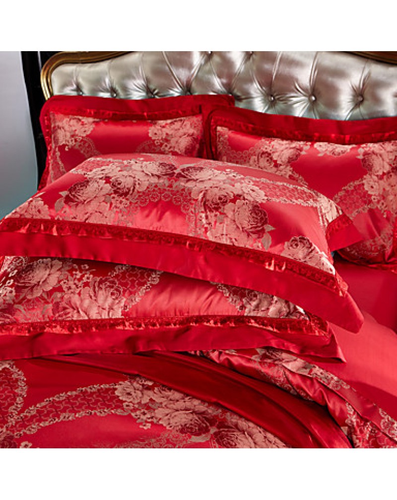 Red Luxury Silk Cotton Blend Duvet Cover Sets Queen King Size Bedding Set