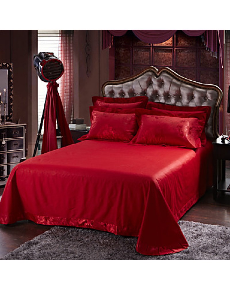 Red Luxury Silk Cotton Blend Duvet Cover Sets Queen King Size Bedding Set