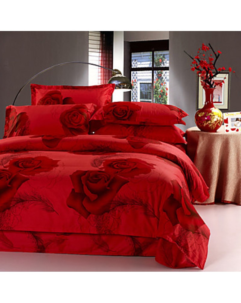 Red 100% Cotton Bedclothes 4pcs Bedding Set Queen Size Duvet Cover Set