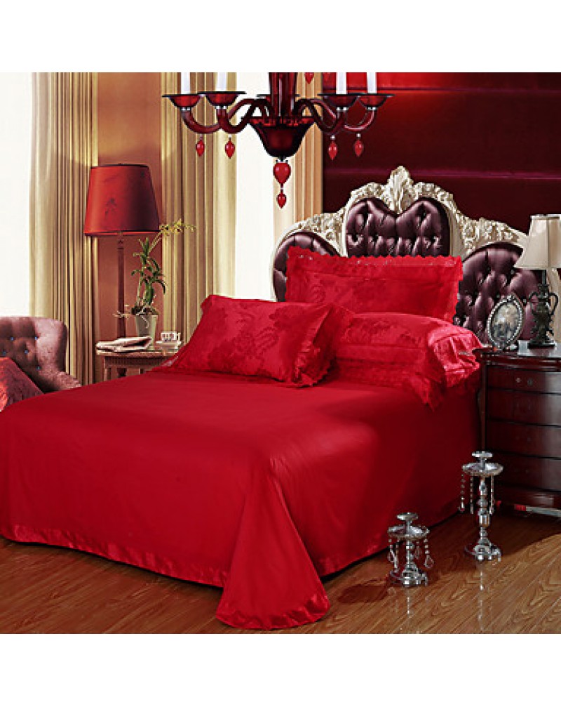 Bedding Set Red Queen King Size Luxury Silk Cotton Blend Lace Duvet Cover Sets Jacquard Pattern