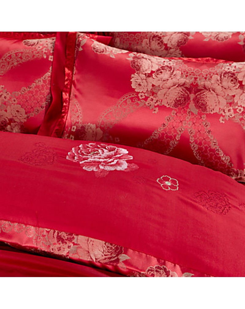 Red Luxury Silk Cotton Blend Duvet Cover Sets Queen King Size Bedding Set