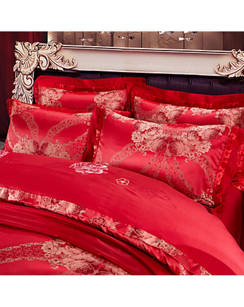 Red Luxury Silk Cotton Blend Duvet Cover Sets Queen King Size Bedding Set