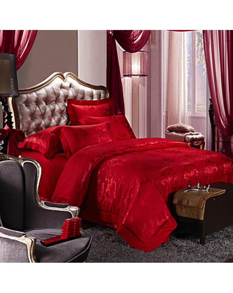 Red Luxury Silk Cotton Blend Duvet Cover Sets Queen King Size Bedding Set