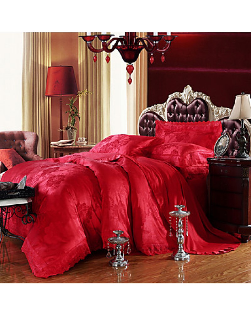 Bedding Set Red Queen King Size Luxury Silk Cotton Blend Lace Duvet Cover Sets Jacquard Pattern