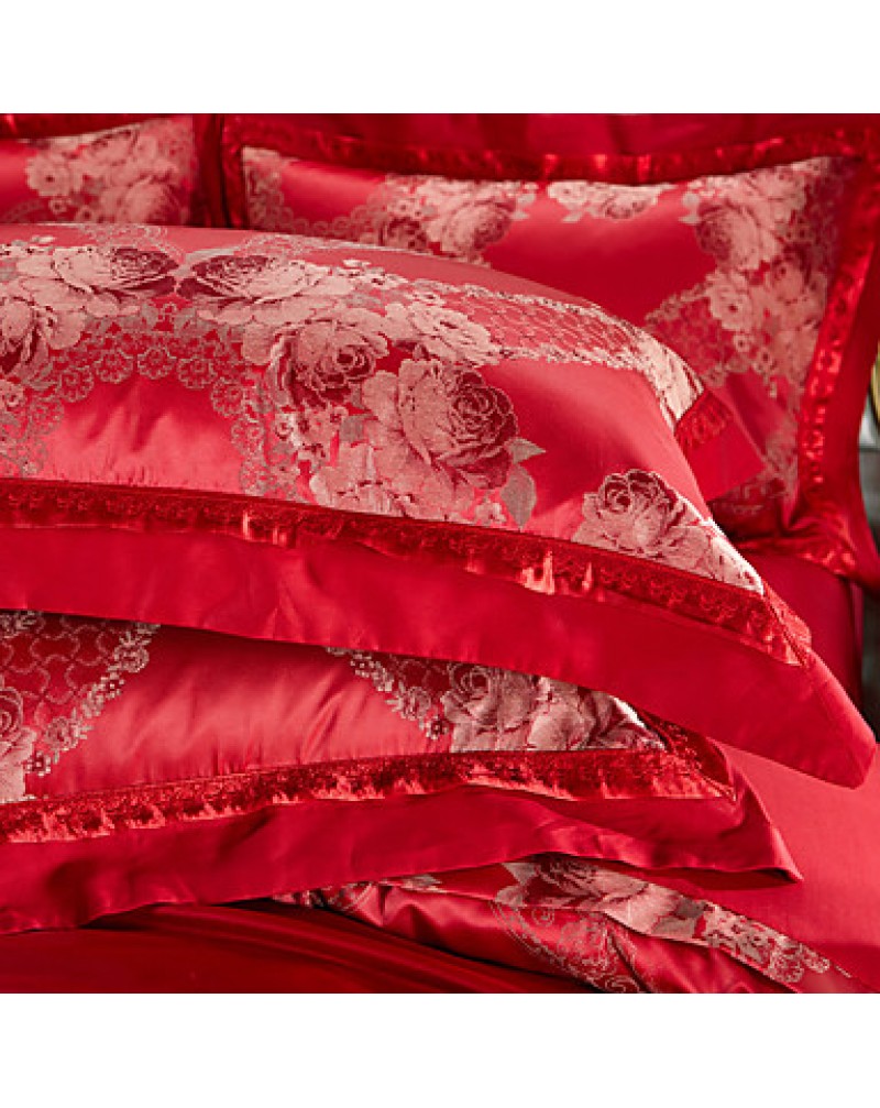 Red Luxury Silk Cotton Blend Duvet Cover Sets Queen King Size Bedding Set