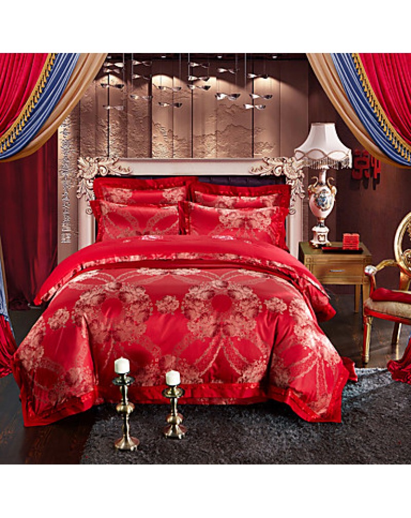 Red Luxury Silk Cotton Blend Duvet Cover Sets Queen King Size Bedding Set