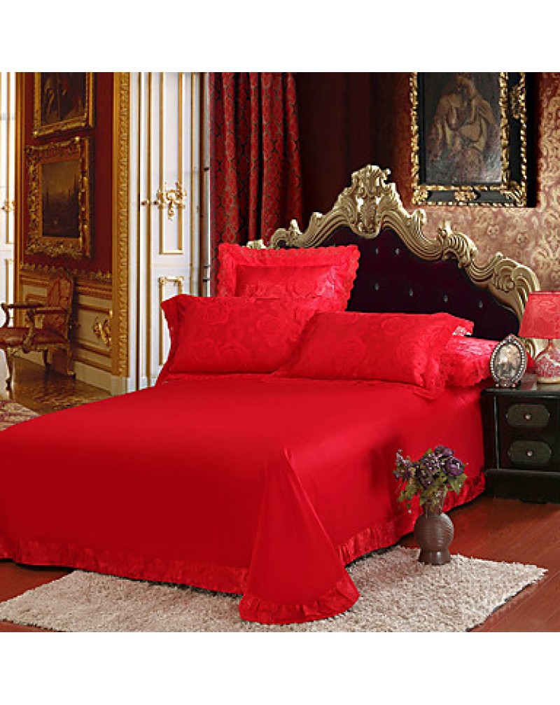 Red Queen King Size Bedding Set Luxury Silk Cotton Blend Lace Duvet Cover Sets Jacquard Pattern