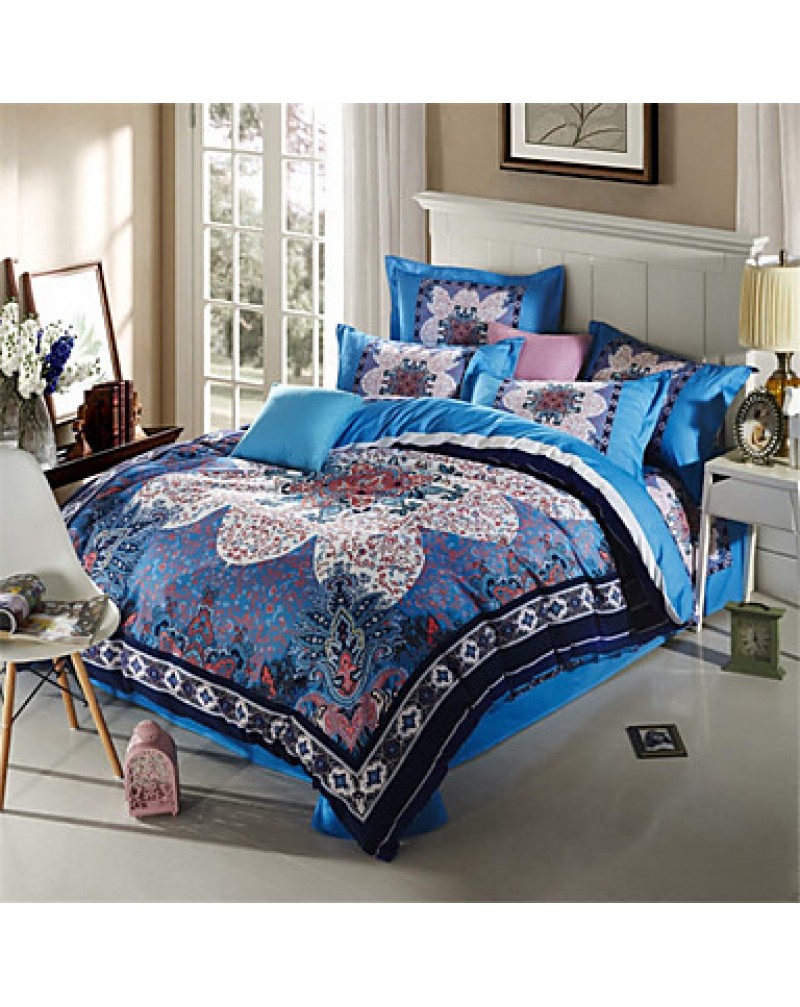 Luxury Bedding Set Blue Retro Design Quilt Cover No Fading Quality Bed Sheet Queen Size 4pcs Bedspread