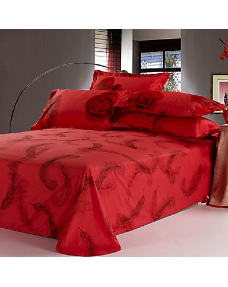 Red 100% Cotton Bedclothes 4pcs Bedding Set Queen Size Duvet Cover Set