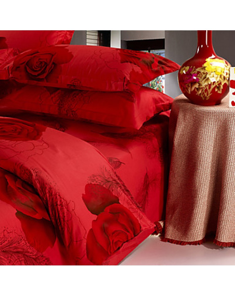 Red 100% Cotton Bedclothes 4pcs Bedding Set Queen Size Duvet Cover Set