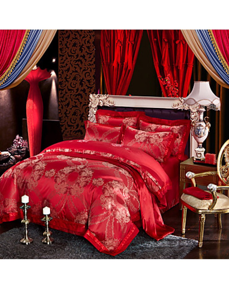 Red Luxury Silk Cotton Blend Duvet Cover Sets Queen King Size Bedding Set