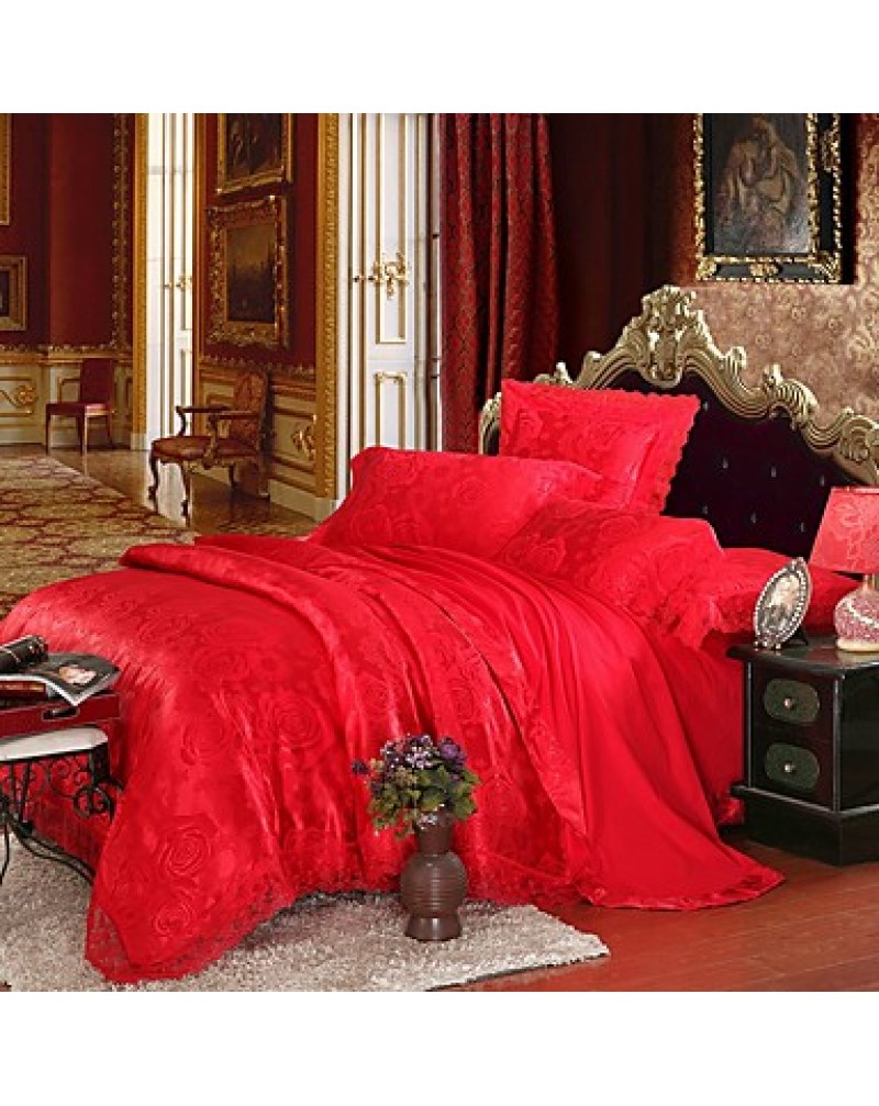 Red Queen King Size Bedding Set Luxury Silk Cotton Blend Lace Duvet Cover Sets Jacquard Pattern